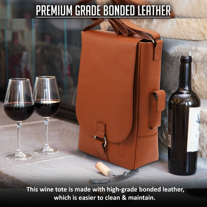Primeware Vino2 Two Bottles Saddle Leather Wine Tote Messenger Carrier (Brown)