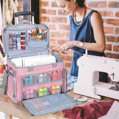 LUXJA Rolling Sewing Machine Case with Multiple Pockets, Sewing Machine Bag with Wheels and Detachable Shoulder Strap (Compatible with Most Standard Sewing Machines), Pink