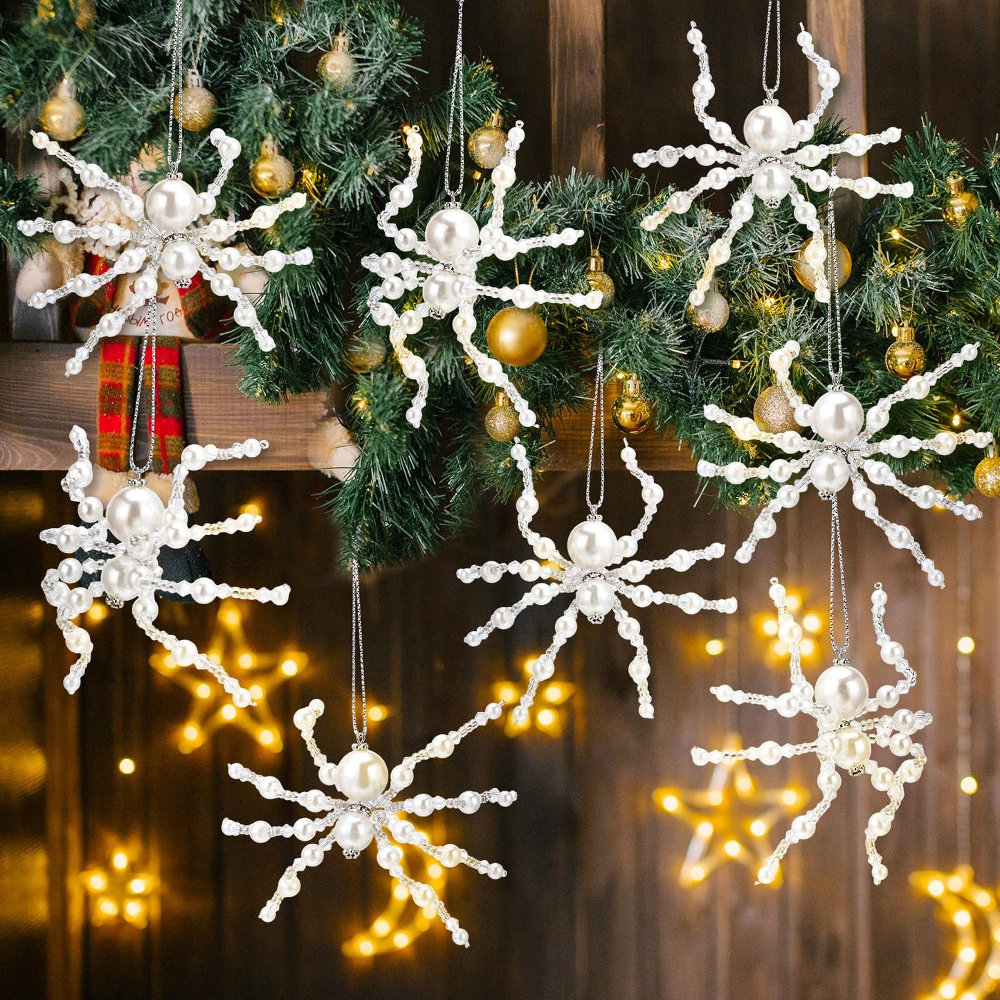 Reallnaive 8 Pcs White Christmas Spider Ornament Glitter Beaded Spider Hanging Ornaments Decorations for Christmas Tree Holiday Decor Gift