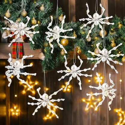 Reallnaive 8 Pcs White Christmas Spider Ornament Glitter Beaded Spider Hanging Ornaments Decorations for Christmas Tree Holiday Decor Gift