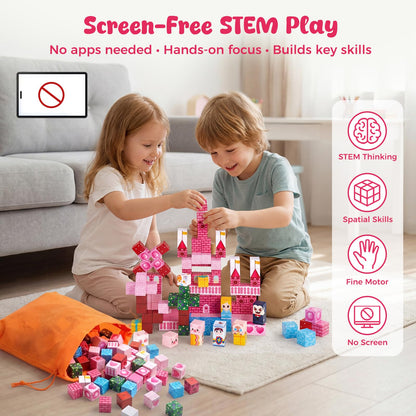 3 otters Magnetic Blocks 150PCS, Princess Castle Magnet Cubes STEM Montessori Building Toys for Girls, Sensory Gifts for Kids Birthday