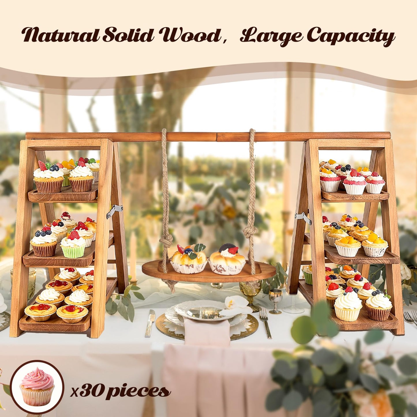 Wisreach Wooden 3 Tier Cupcake Stand, Rustic Cupcake Display Stand for Dessert Table, Foldable Serving Tray Tower for Party, Wedding, Birthday, Baby Shower, Holiday Events