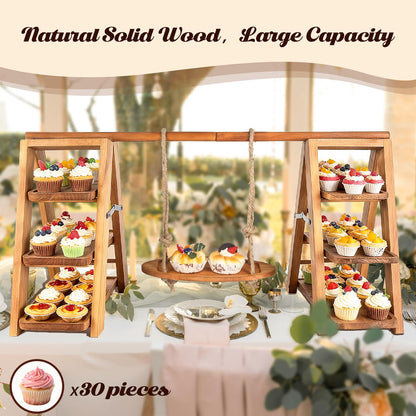 Wisreach Wooden 3 Tier Cupcake Stand, Rustic Cupcake Display Stand for Dessert Table, Foldable Serving Tray Tower for Party, Wedding, Birthday, Baby Shower, Holiday Events