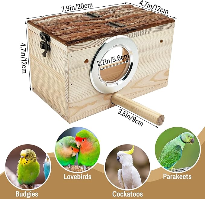 Tfwadmx Parakeet Nesting Box - Wooden Parrot Nest for Cockatiel, Lovebirds, Budgie, Conure - Acrylic Transparent Bird House With Perch for Breeding