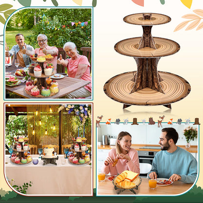 Sawysine 7 Pcs Woodland Cupcake Stand Set Woodland Baby Shower Decorations 3 Tier 2 Wooden Cupcake Stand 1 Rustic Cake 4 Rectangle Serving Tray Birthday Western Camping Hunting Supplies(Circle)