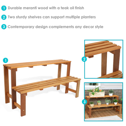 Sunnydaze 2-Tier Meranti Wood Plant Stand for Indoor and Outdoor Use - Garden Shelf with Teak Oil Finish for Patio, Porch, Balcony, and Living Room - Heavy Duty 100 lb Per Level Capacity - 47 in