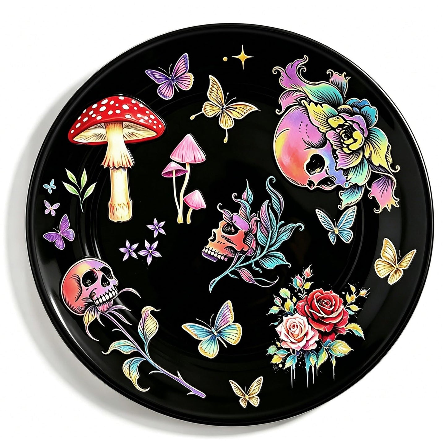 PEJXJML Gothic Ceramic Jewelry Tray Trinket Dish – Skull Mushroom Decorative Tray with Roses Butterflies, Dark Witchy Jewelry Dish for Rings Earrings Keys, Halloween Home Decor Gift, 4.1"