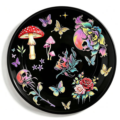PEJXJML Gothic Ceramic Jewelry Tray Trinket Dish – Skull Mushroom Decorative Tray with Roses Butterflies, Dark Witchy Jewelry Dish for Rings Earrings Keys, Halloween Home Decor Gift, 4.1"