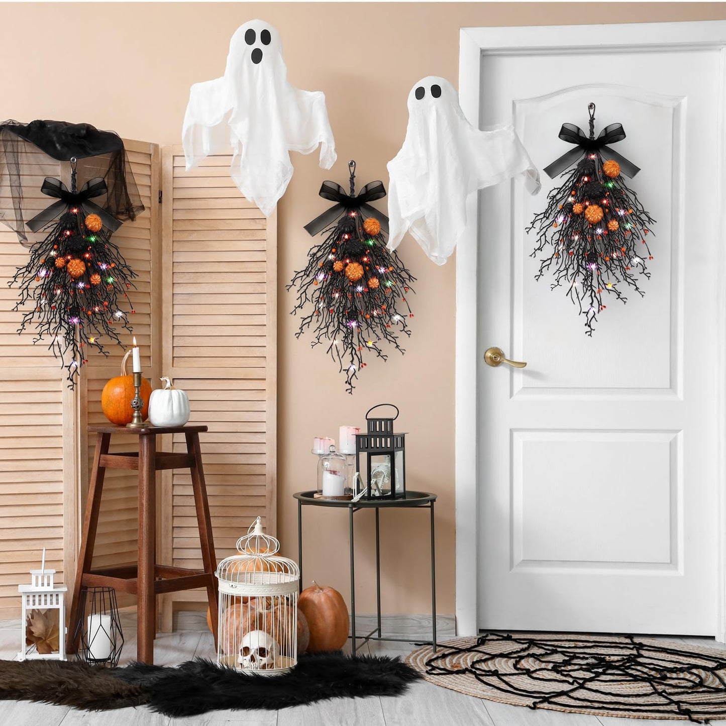 2 PCS Halloween Wreaths Halloween Floral Teardrop Swags Hanging Swag Plants Black Garland with Pumpkin Berries and 9.8ft Lights for Indoor Outdoor Party Wall Home Room Fireplace Porch Window Decor