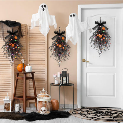 2 PCS Halloween Wreaths Halloween Floral Teardrop Swags Hanging Swag Plants Black Garland with Pumpkin Berries and 9.8ft Lights for Indoor Outdoor Party Wall Home Room Fireplace Porch Window Decor