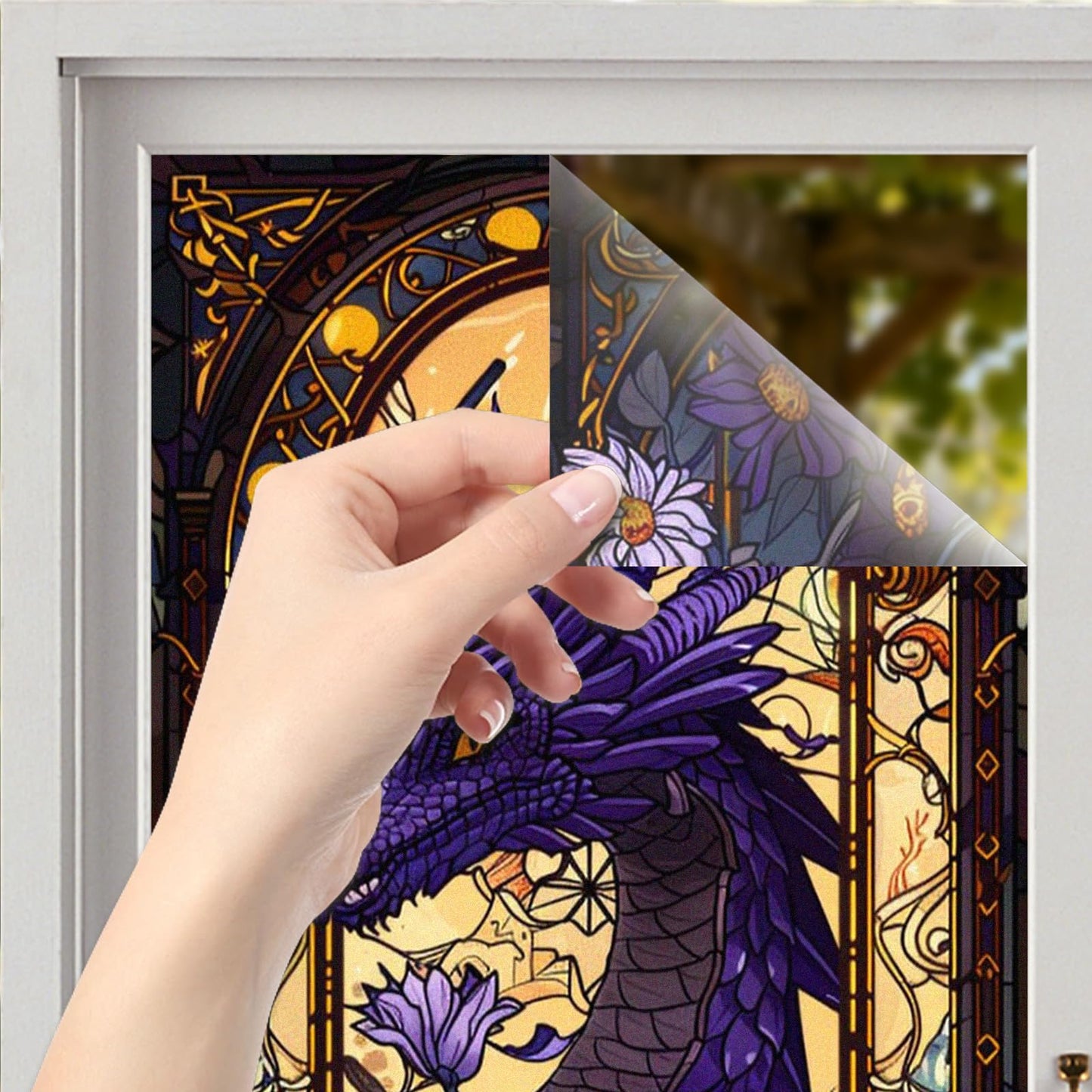 Nuxovilar Stained Glass Window Film Dragon Floral Pattern PVC 17.7 x 39.4 Inches Window Clings for Glass Panel Privacy Decor for Game Room Study Entry Door