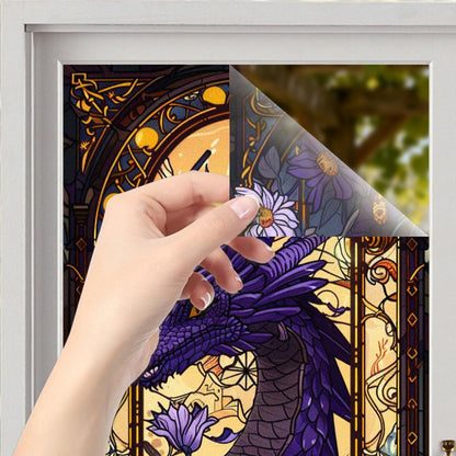 Nuxovilar Stained Glass Window Film Dragon Floral Pattern PVC 17.7 x 39.4 Inches Window Clings for Glass Panel Privacy Decor for Game Room Study Entry Door