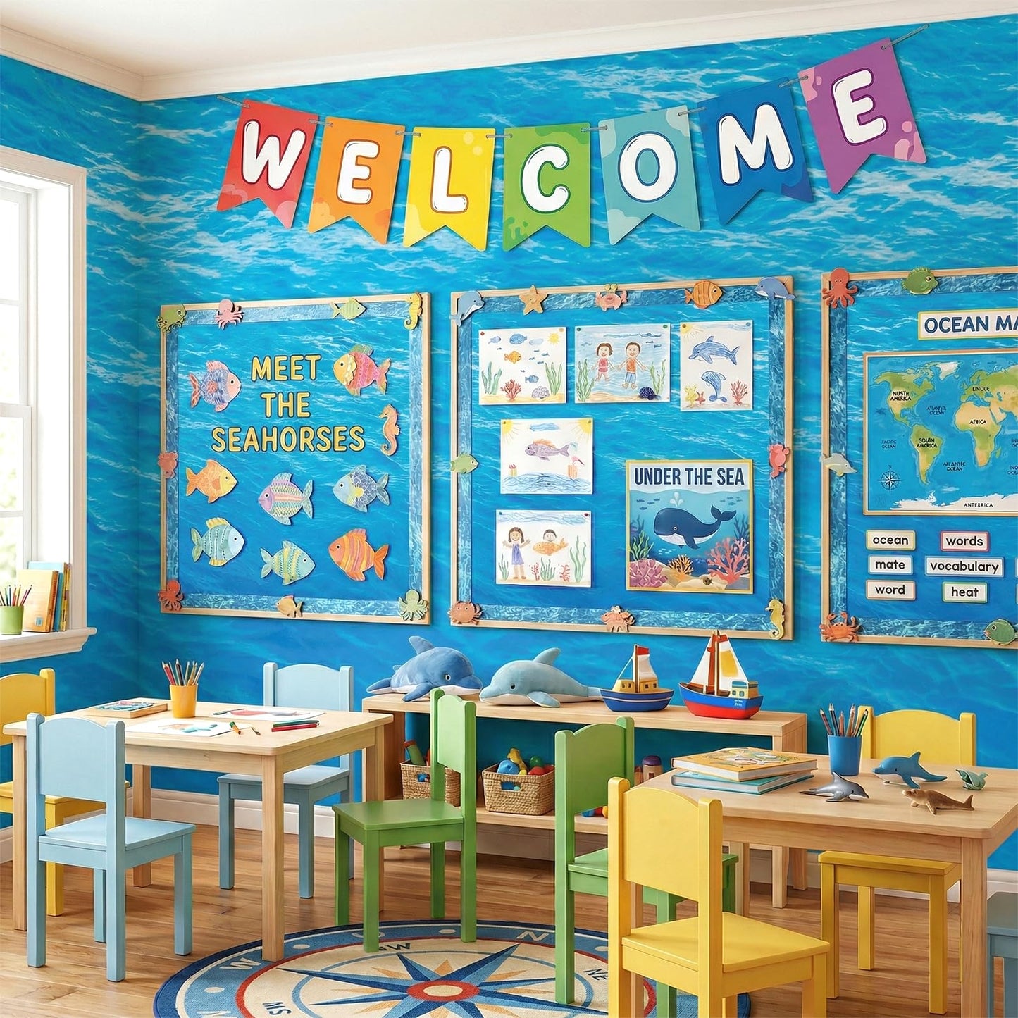 Qyeahkj Ocean Waves Bulletin Board Paper Roll Sea Bulletin Board Background Paper Back to School Classroom Decor Poster for Art Craft DIY Projects Home Office Classroom Party Supplies 17.7in x 20ft