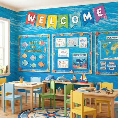 Qyeahkj Ocean Waves Bulletin Board Paper Roll Sea Bulletin Board Background Paper Back to School Classroom Decor Poster for Art Craft DIY Projects Home Office Classroom Party Supplies 17.7in x 20ft