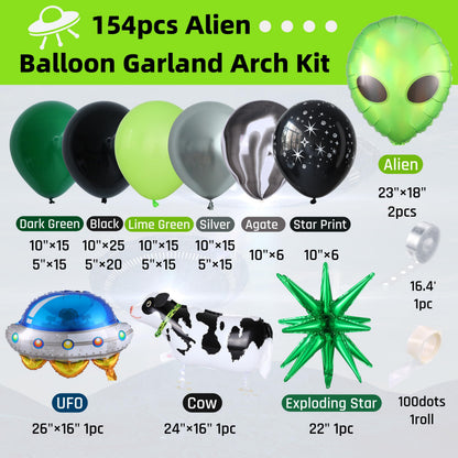 Enanal 154pcs Alien Balloon Arch Kit - Green Black Silver Latex Balloons with Alien/UFO/Cow/Burst Foil Balloons for Alien Decorations, Space Birthday, Trunk or Treat Car Decor