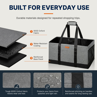 WONDAY Extra Large Foldable Grocery Tote Bag With Handles for Storage, Picnics, Beach, Pool, Laundry - Reusable Shopping Bag (Grey)