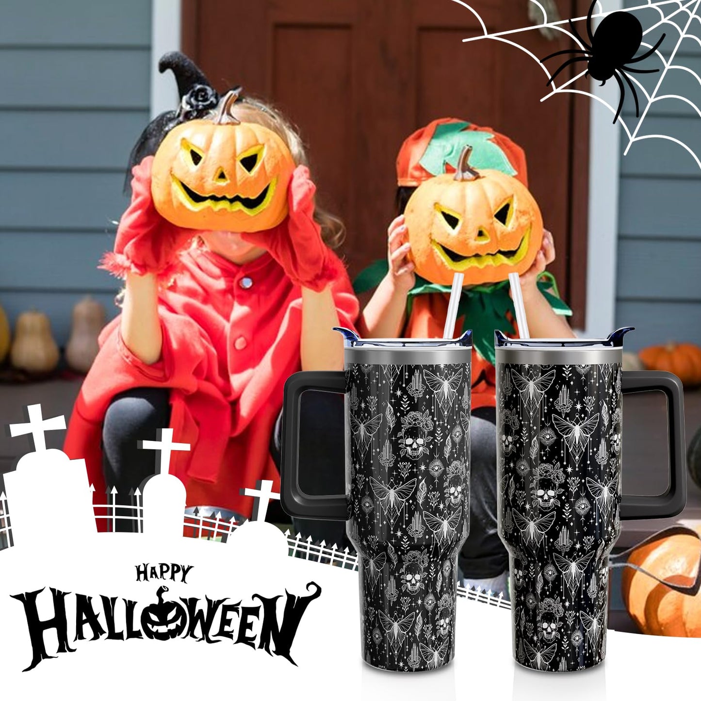 Aokoyi Goth Skull 40oz Tumbler Cup with Handle and Straw, Black Witch Gifts for Women Men, Gothic Holiday Stainless Steel Insulated Water Bottle 1PC