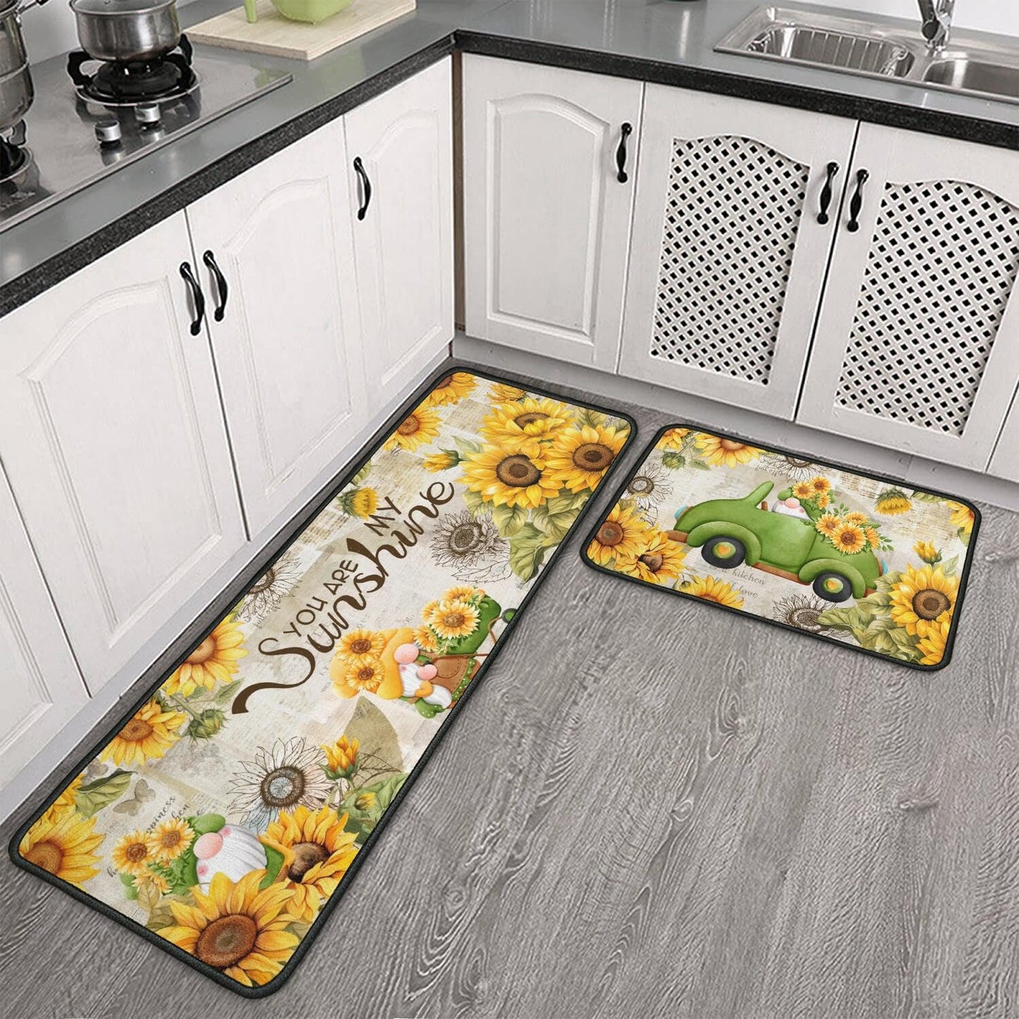 Ghroiep 2 Piece Sunflower Kitchen Decor Rugs Set, Farmhouse Country Dwarf Kitchen Rugs and Mats Non Skid Washable Absorbent Microfiber Kitchens Accessories Decoration Floor Mats 17"x47"+17"x30"