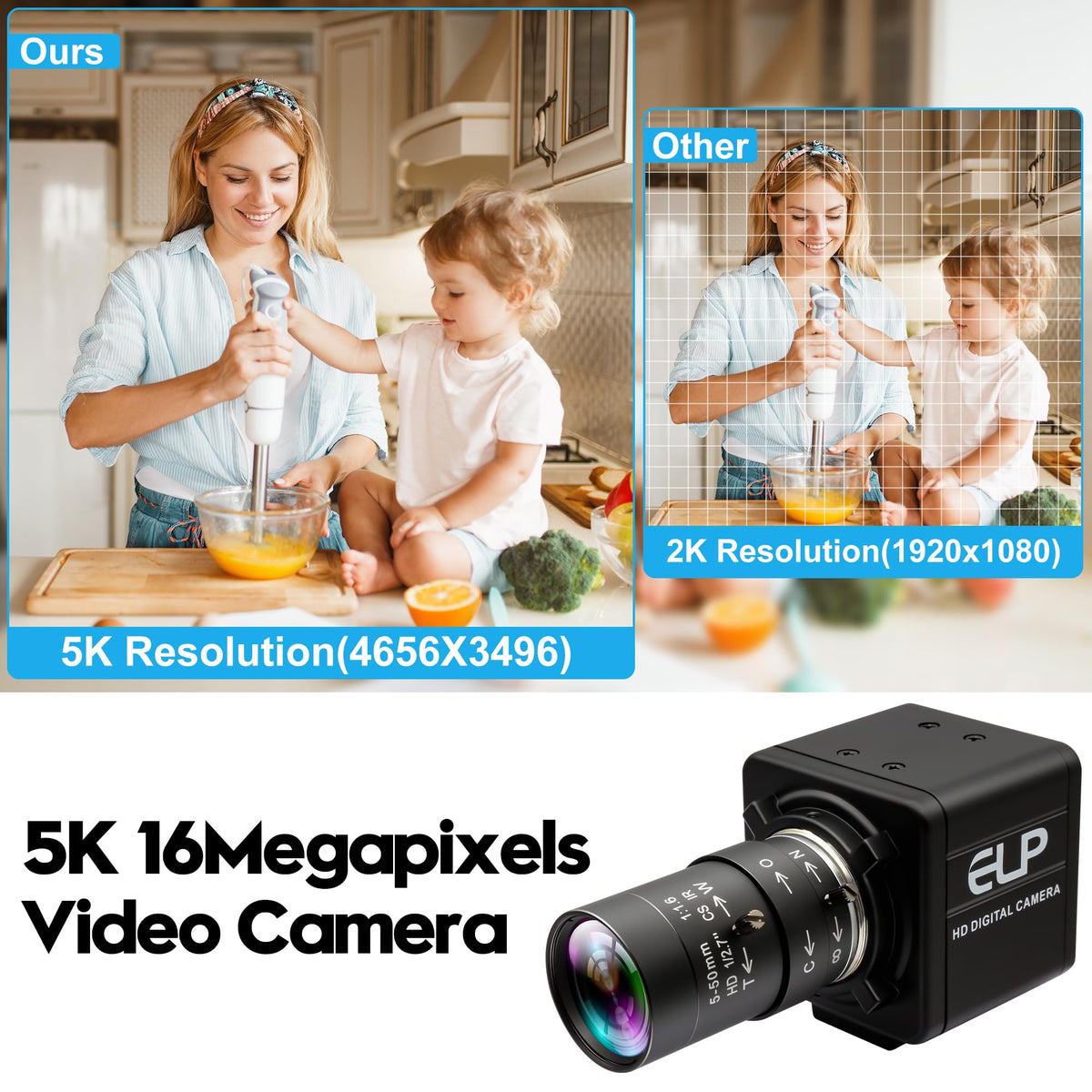 IFWATER USB Camera 16 Megapixes High Resolution 5K USB Webcam with CS Mount 5-50mm Manual Varifocus Lens Close UP OpenCV Camera Free Driver Plug and Play for Windows Linux Laptop Jetson Nano