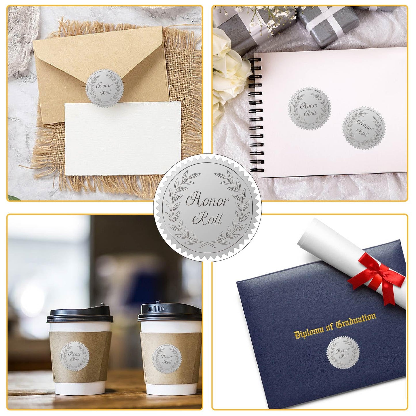 CRASPIRE 408pcs 2 Inch Honor Roll Silver Foil Stickers Garlands Graduation Season Silver Embossed Envelope Seals Stickers Round Self Adhesive Stickers Medal Decoration Label for Gift Packaging