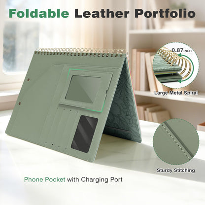 Clipboard with Storage for Men Women, Leather Padfolio Portfolio Organizer 5 Folders with 10 Pockets, Spiral Clipboard Folio with Notepad for Letter Size, Elastic Closure and Pen Loop Green Floral