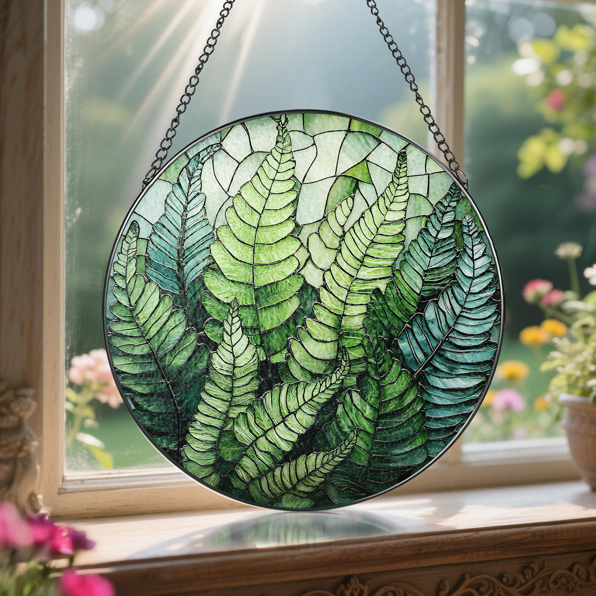 LAOWEIKI 8'' Fern Plant Sun Catcher Ornament, Stained Glass Window Hanging, Sun Catchers for Windows Hanging Ornaments, Window Decor | Plant Lover Gifts, Housewarming Gifts