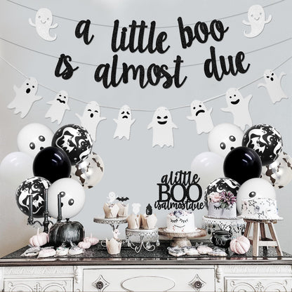 Balterever a Little Boo is Almost Due Baby Shower Decoration Black White Halloween Baby Shower Decor with a Little Boo is Almost Due Banner Garland Cupcake Cake Topper for Halloween Gender Reveal