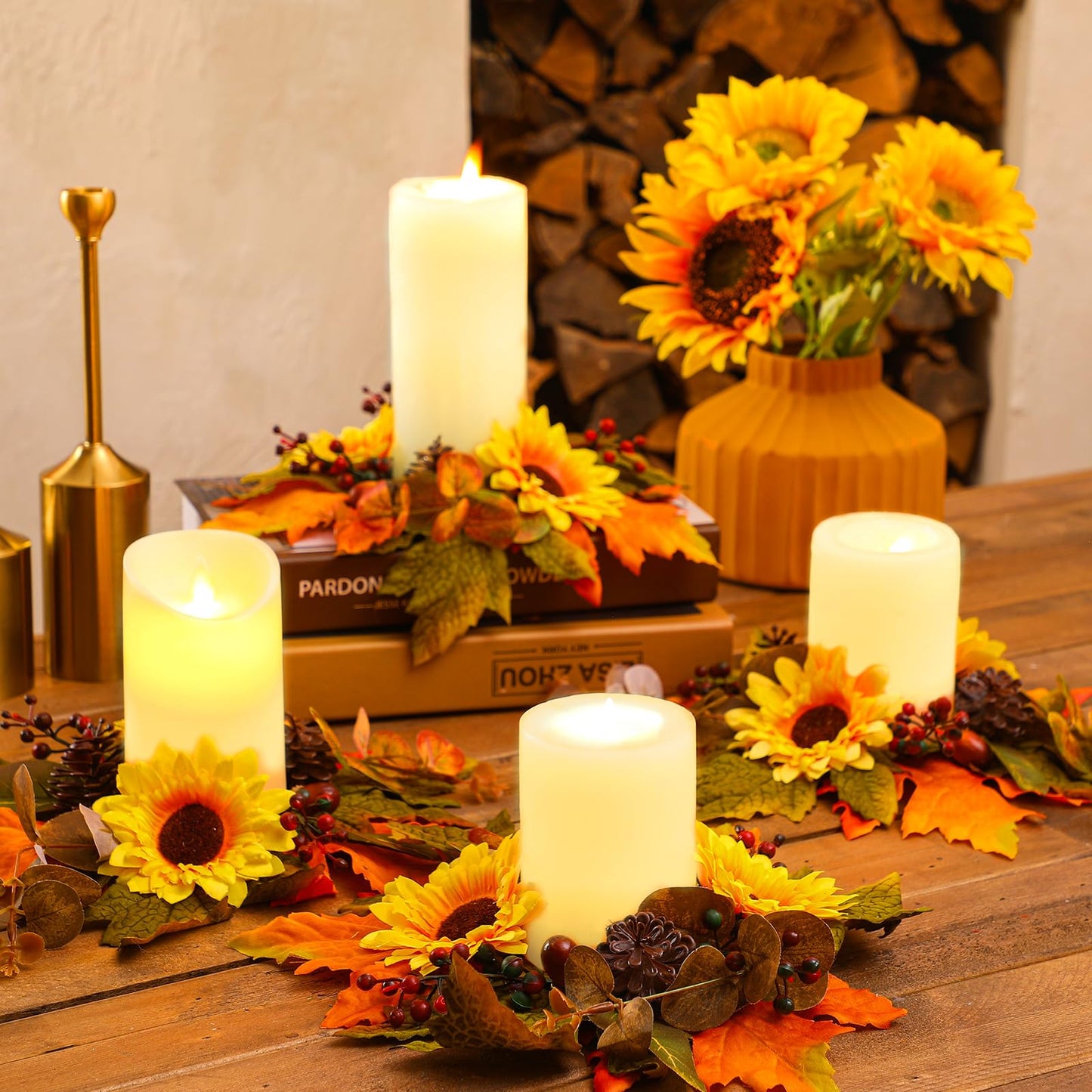 Ceenna 4 Pcs Thanksgiving Fall Candle Rings 3.7 Inch Center Fall Candle Rings Wreath Thanksgiving Autumn Decorative Artificial Maple Leaf Sunflowers Floral Holder Festival Holiday Party Decoration