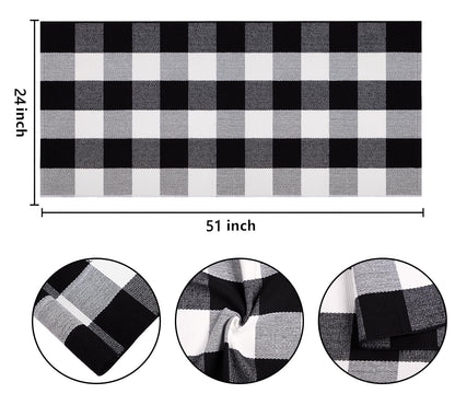 Buffalo Plaid Front Porch Rug 24''x 51''Black and White Checkered Outdoor Rug Cotton Machine Washable Farmhouse Mat for Outdoor, Kitchen, Farmhouse, Entryway,Bathroom