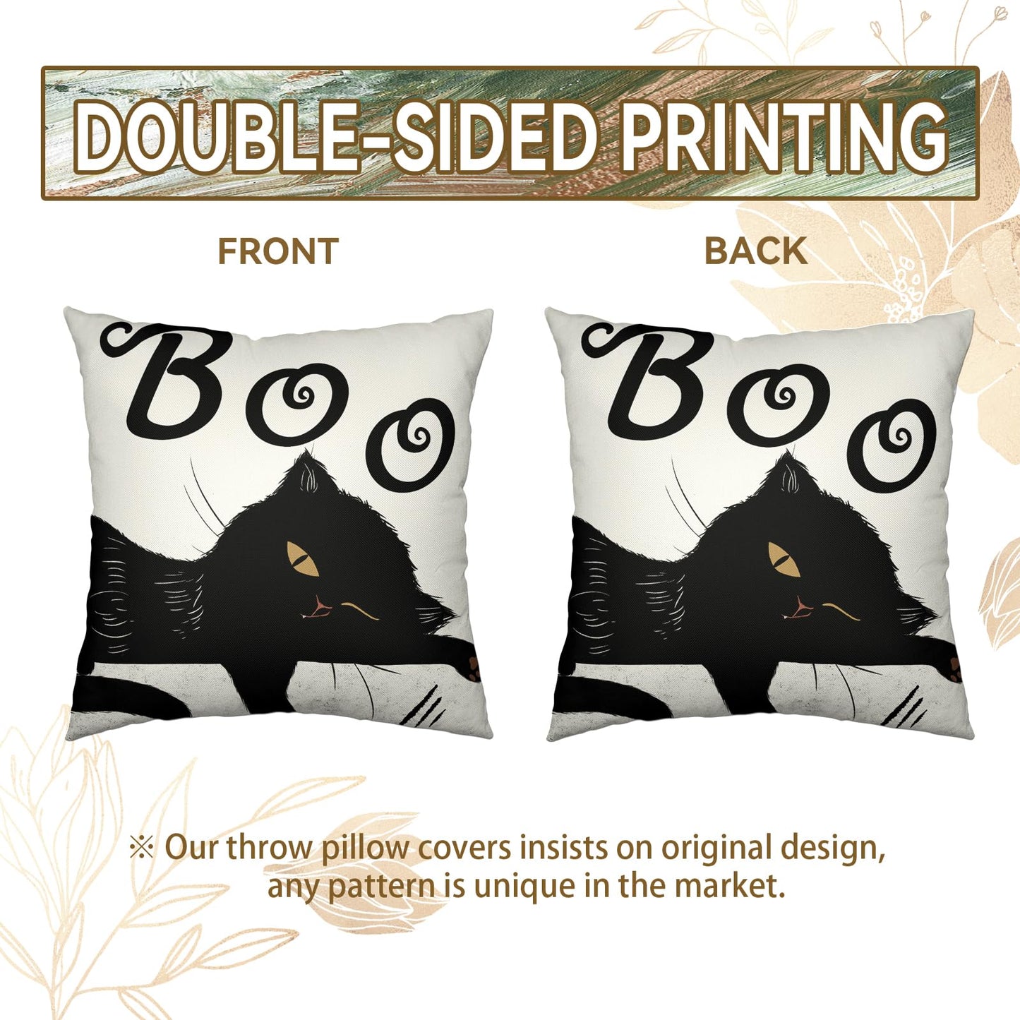 Cryfox Witch Cat Halloween Pillow Covers 18x18 Inch Set of 2 Black Boo Throw Pillows Cover Cute Holiday Pillow Cushion Case for Home Sofa Decorations