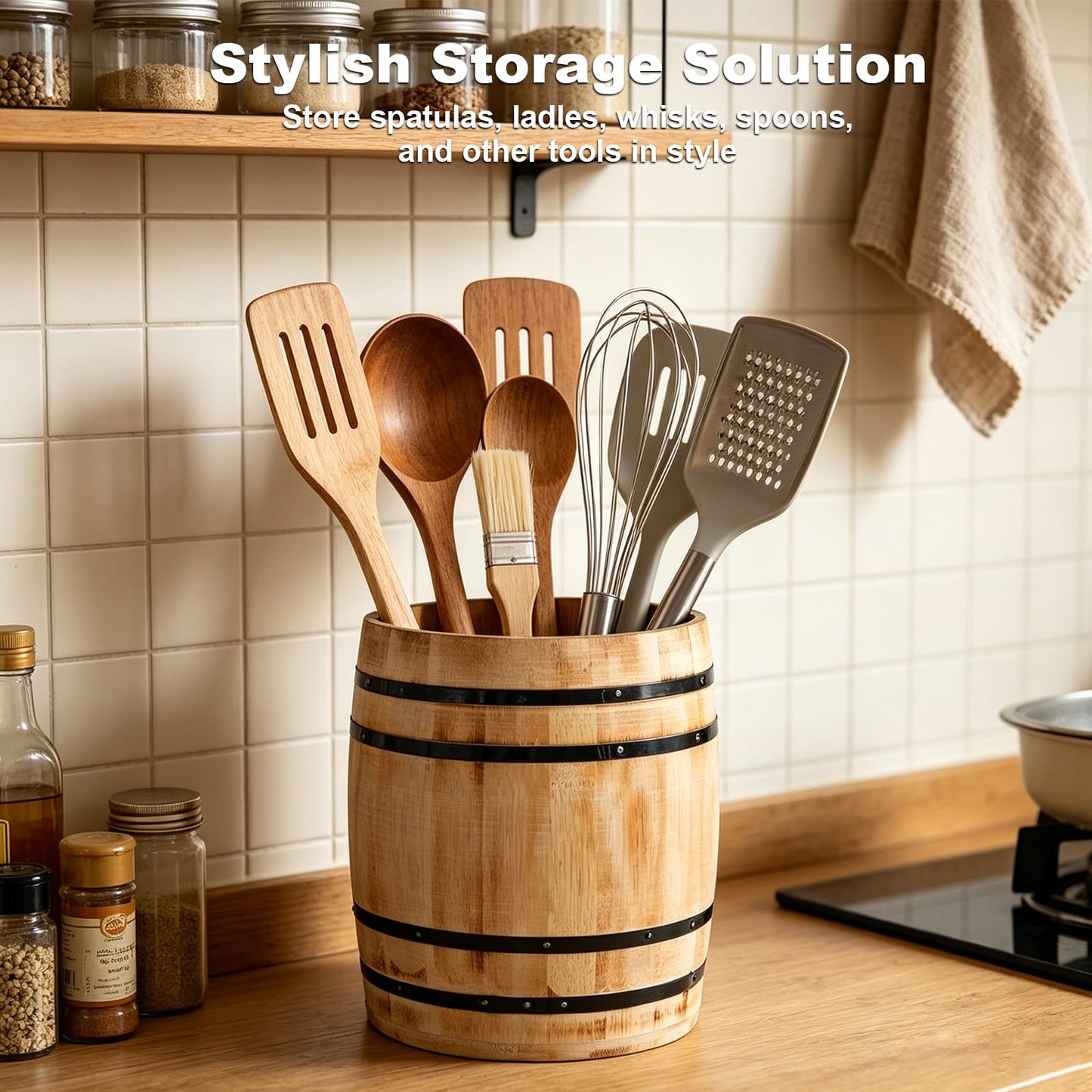 Catheralysia Light Brown Wooden Utensil Holder, Solid Wood Barrel Shaped Kitchen Utensil Crock, Farmhouse Style Kitchen Storage Bucket, Countertop Cooking Tool Organizer for Home Decor & Gift