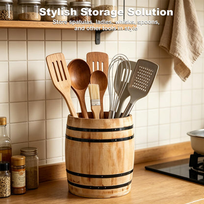 Catheralysia Light Brown Wooden Utensil Holder, Solid Wood Barrel Shaped Kitchen Utensil Crock, Farmhouse Style Kitchen Storage Bucket, Countertop Cooking Tool Organizer for Home Decor & Gift