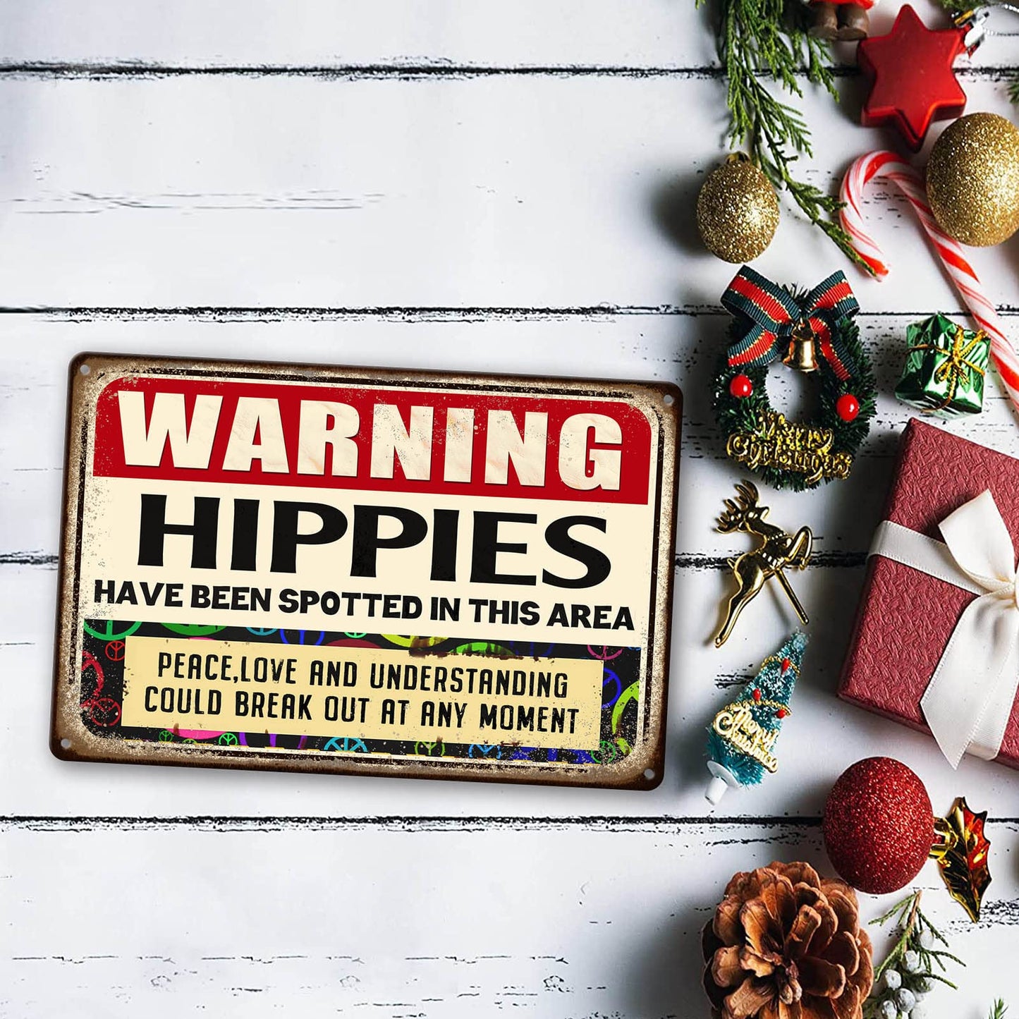 Hippie Metal Tin Sign Warning Signs Welcome Decorative Sign & Plaques Funny Hippies Use Side Door Signs Warning Hippies Have Been Spotted In This Area Sign Stone House Wall Decoration 8 X 12 In