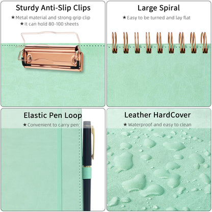 Ospelelf Leather Clipboard Folders with with Storage Zipper Pouch, Spiral Clipboard Folio with Notepad for Letter Size, 5 Folders with 10 Pockets, 39 Divider Label Stickers (Light Green)