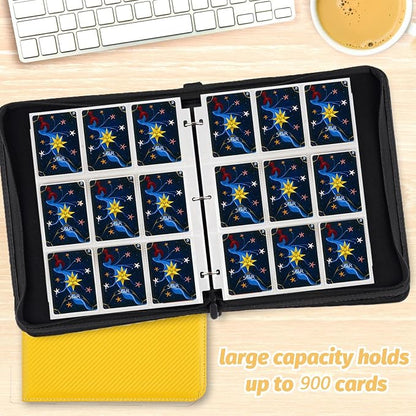 900 Pockets Round Ring Trading Card Binder, 9-Pocket Clear Zipper Card Album with Wrist Strap, Holds 900 Standard TCG & Sports Cards, Not Fit Top Loaders (Carbon Yellow)