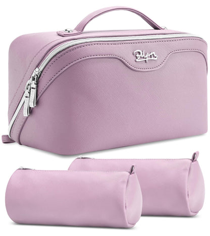 BOYATU Travel Makeup Bag Organizer Cosmetic Bag: 3 Pcs Set Make up Bags for Women with Handle - Waterproof Vegan Leather Toiletry Bags Travel Essentials Pouch with Compartments (C-06-Purple)