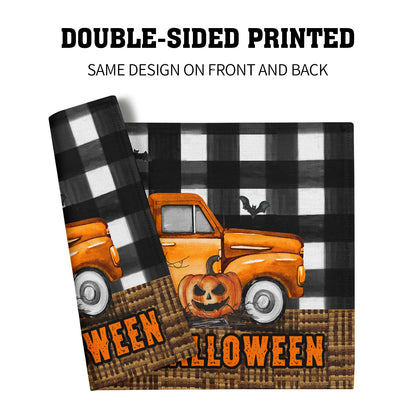 Happy Halloween Placemats Set of 4, 12x18 Inch Pumpkin Ghost Truck Bats Buffalo Plaid Washable Linen Dining Table Place Mats Farmhouse Seasonal Kitchen Dinner Party Holiday Decor
