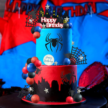 Tyotrbs 44PCS Spider Cake Topper Spider Web Cake Decoration Spiders Theme Cake Decor Happy Birthday Toppers Stars Red Blue Balls Cupcake Topper for Boys Men Baby Shower Hero Party Supplies