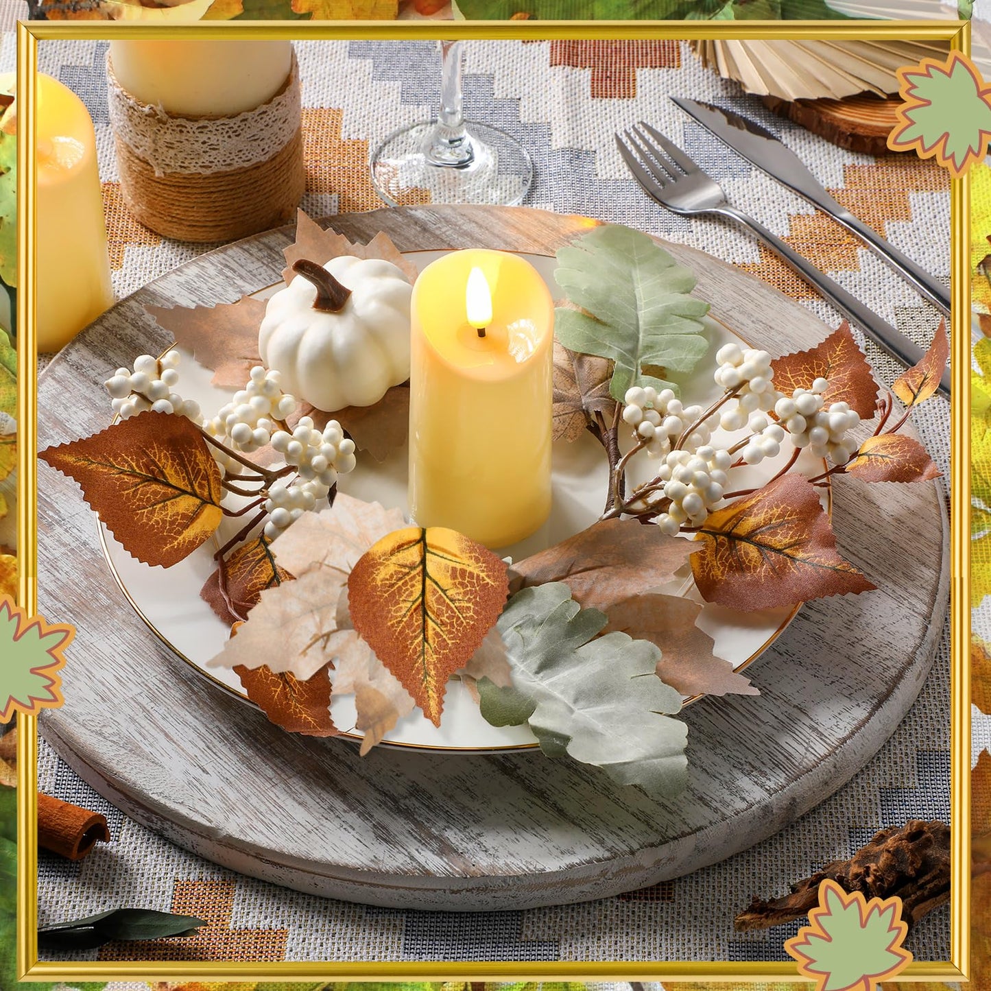 Qinyoung 4 Pieces Thanksgiving Fall Candle Rings Center Fall Candle Rings Wreath Thanksgiving Autumn Decorative Artificial Maple Leaf Holder for Centerpiece Festival Party Decoration