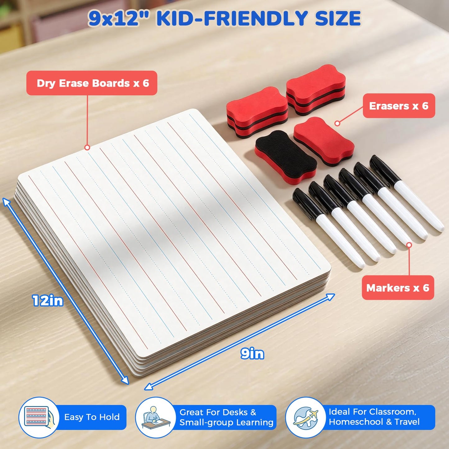 GAMENOTE 6 Pack Small Dry Erase Boards for Kids, 9x12 Double-Sided Lined and Blank Whiteboards with Markers & Erasers, for Classroom and Homeschool Writing Board