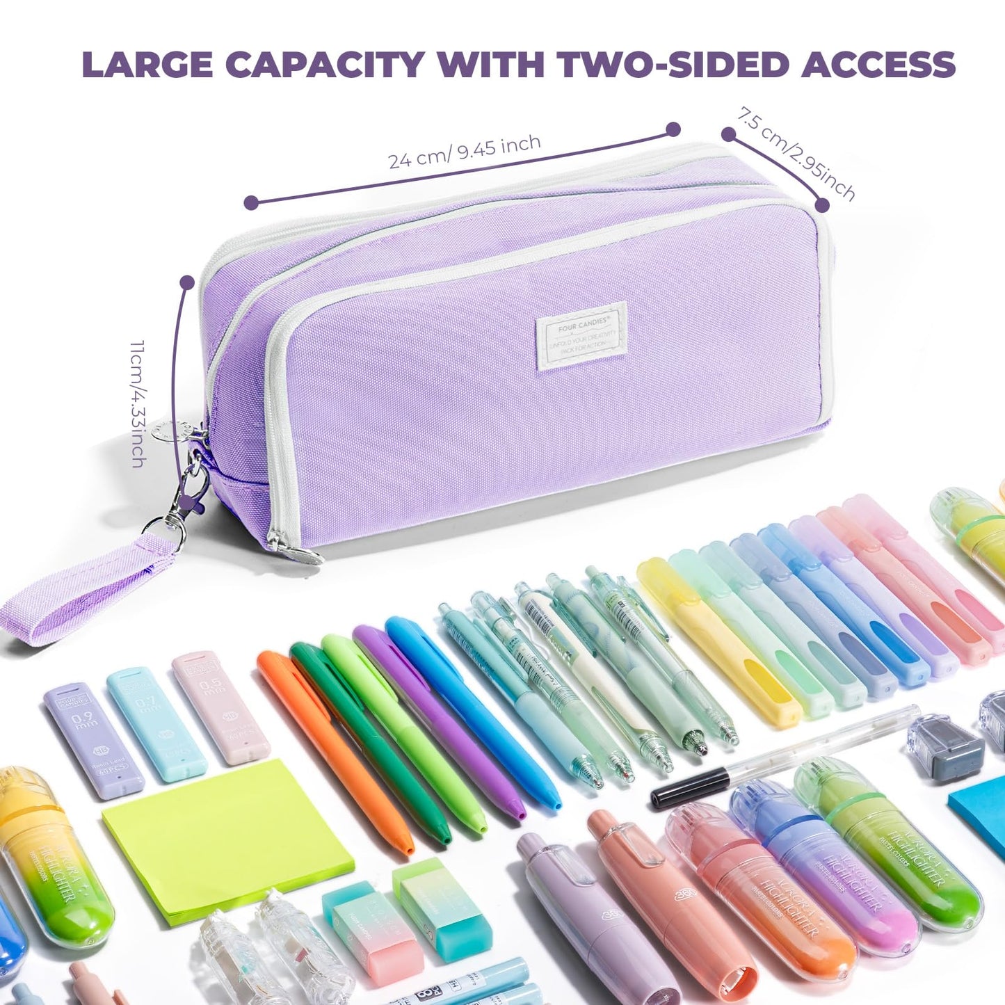 Four Candies Puple Pencil Case 3 Compartment Pouch, Large Pencil Case for School, Girls, Teen Boys, Women, Puple, Removable Handle & Zipper, Cute Pencil Bag for Office, College