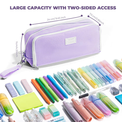 Four Candies Puple Pencil Case 3 Compartment Pouch, Large Pencil Case for School, Girls, Teen Boys, Women, Puple, Removable Handle & Zipper, Cute Pencil Bag for Office, College