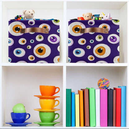 Wamika Halloween Eyes Storage Basket with Waterproof Liner and PU Handles Blue Spooky Ghost Storage Bins Boxes 14.2" Collapsible Decorative Organizer Baskets for Bedroom Closet Office 1 Pack
