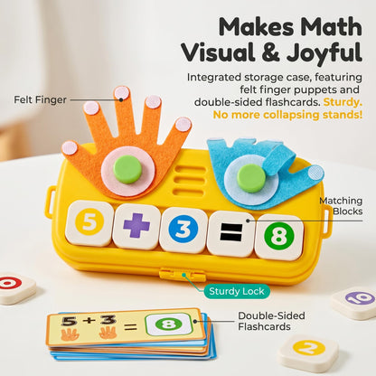 OBMESHOW Montessori Preschool Math Toys for Kids Ages 3 4 5, Counting, Addition & Subtraction Learning Game with Finger Counting Hands, Number Blocks, Flash Cards, Storage Box and Shoulder Strap