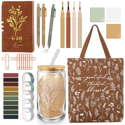 Singhoow 29 Pcs Bible Journaling Supplies Kit 16 oz Glass Cup Canvas Bag Leather Notebook Highlighters Pens Sticky Note Tapes Bible Study Supplies for Women Fathers Sunday School Teacher(Boho, Brown)