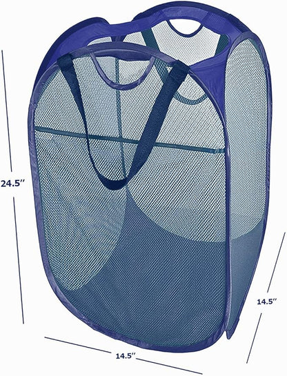 HOUSE AGAIN [Reinforced] Strong Mesh Pop-up Laundry Hamper, Quality Collapsible Laundry Basket with Durable Handles Solid Bottom High Carbon Steel Frame, Easy to Open and Fold Flat for Storage(Blue)