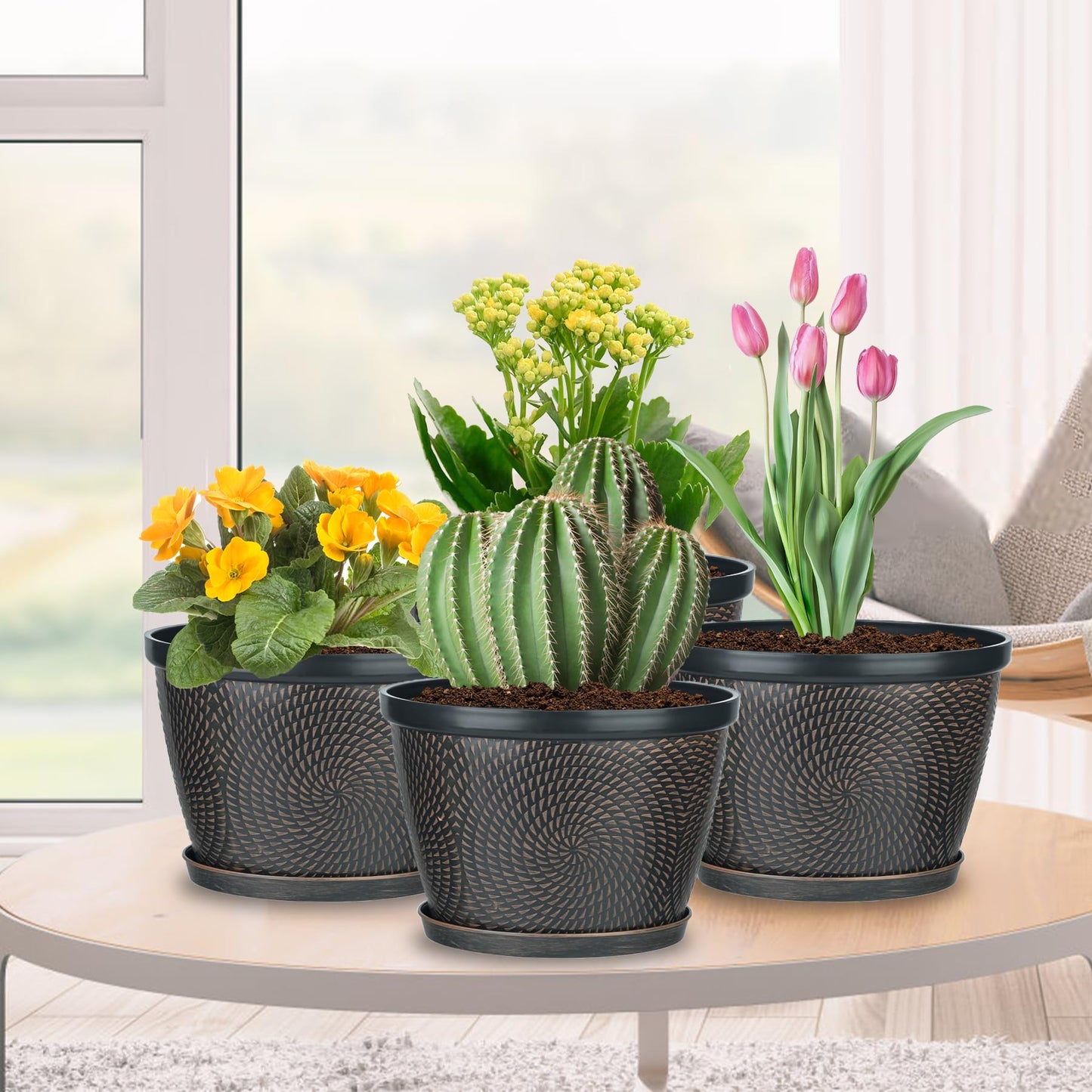Quarut 4 Pack 8 Inch Flower Pots for Outdoor Indoor, Plastic Plant Pots with Drainage Hole & Saucer, Lightweight Small Flower Pot, Circle Pattern Planters for Garden House planters（Brown）
