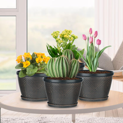 Quarut 4 Pack 8 Inch Flower Pots for Outdoor Indoor, Plastic Plant Pots with Drainage Hole & Saucer, Lightweight Small Flower Pot, Circle Pattern Planters for Garden House planters（Brown）