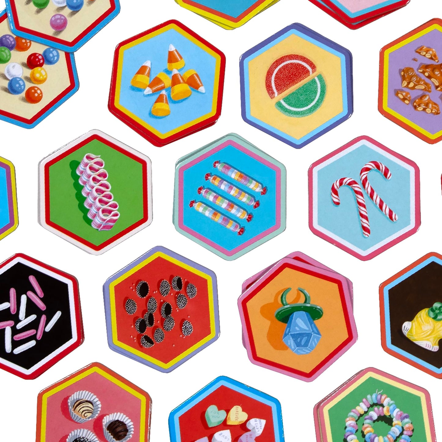 eeBoo: Memory & Matching Game- Candy- 18 Hexagon-Shaped Illustrated Matching Pairs, Sweets Themed, Concentration Tile Game, Kids Age 3+, 1-4 Players