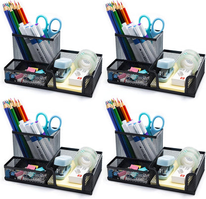 4 Pieces Mesh Pen Holder Desk Organizers and Accessories for Deskop Organizer,3 Compartments Black Pencil Holder for Office Supplies,Gifts for Colleague